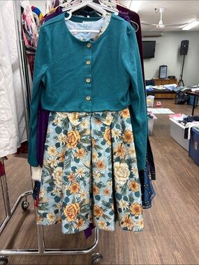 Bonnie Jean Teal Cardigan with Floral Yellow & Cream Dress